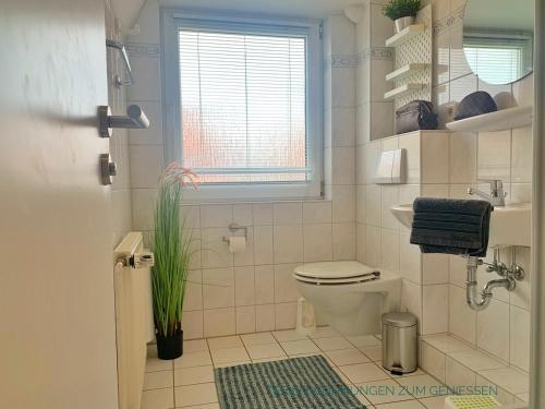 bagno bianco con servizi igienici e finestra di Ferienwohnung Boje 9 mit Sauna a Dorum-Neufeld