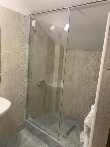 a shower with a glass door in a bathroom at Pensiunea În Livada in Buneşti