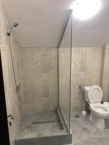 a bathroom with a toilet and a shower stall at Pensiunea În Livada in Buneşti