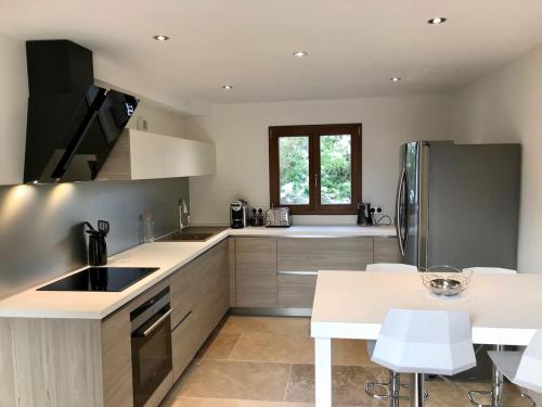 a kitchen with a sink and a refrigerator at Villa à 200mètres du lac avec terrasse privée in Sévrier