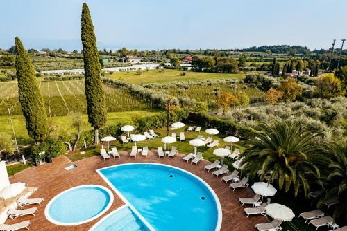 an aerial view of a resort with a pool and chairs and umbrellas at Villa Luisa Resort & Luxury Apartments in San Felice del Benaco