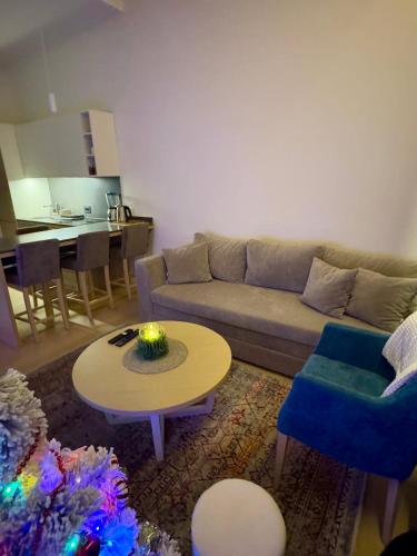 a living room with a couch and a table at Zepterme Apartman 012 in Vrnjačka Banja