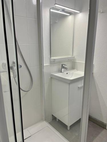 une salle de bain avec une douche, un lavabo et un miroir dans l'établissement Studio vue mer-port Arcachon, à Arcachon