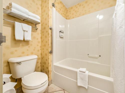 a bathroom with a white toilet and a shower at Holiday Inn Lethbridge by IHG in Lethbridge
