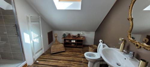 une salle de bain avec toilettes, lavabo et douche dans l'établissement L'Amandine, à Saint-Amand-en-Puisaye