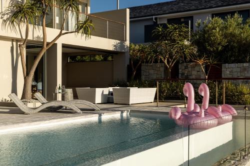 a swimming pool with pink flamingos on the side of a house at Benguela Cove - Lavender Dreams in Hermanus