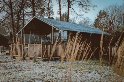 a wooden building with a roof with a fence at Glamping De Boshoek in Voorthuizen