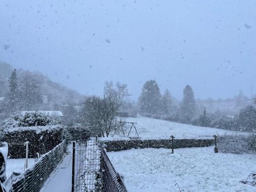 a snow covered field with a fence and a wall at Maison villageoise Les Nobles Carrières in Frasnes