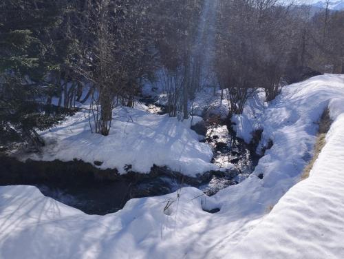 a river covered in snow next to a forest at La Lauze Ascou in Ascou