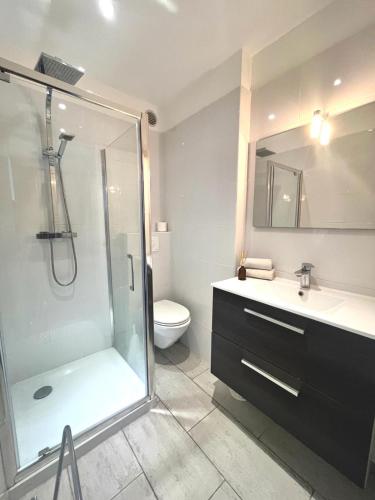 une salle de bain avec une douche, un lavabo et des toilettes dans l'établissement Studio vue mer bord de plage, à San-Nicolao