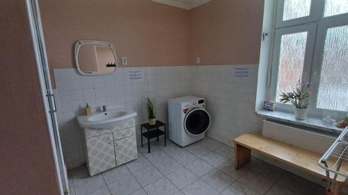 a bathroom with a washing machine and a sink at Ubytovaní U Dvora in Bohumín