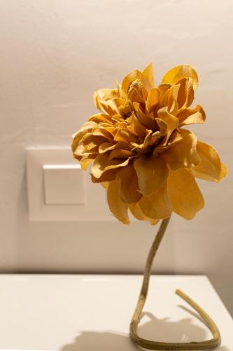 a yellow flower in a vase on a table at Vivienda Turística CASA QUEVEDO in Úbeda