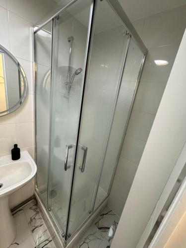 une salle de bain avec douche et lavabo dans l'établissement Furnished studio Paris 17, à Paris