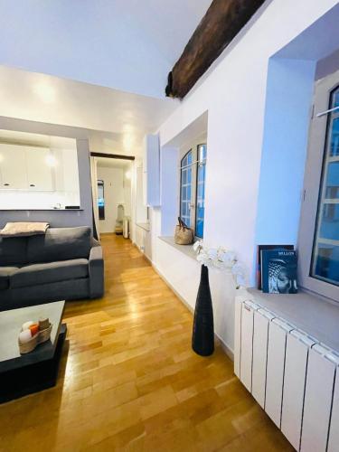 un salon avec un canapé et une table dans l'établissement Magnifique & atypique appartement aux portes du château, à Versailles