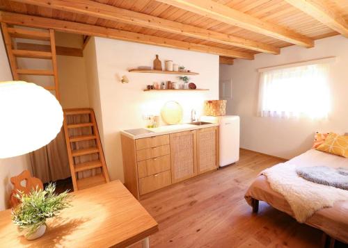 ein Schlafzimmer mit Bett und eine Küche mit Spüle in der Unterkunft Designer Riverfront Cottage in Podljubelj