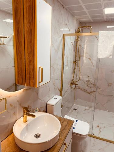 a bathroom with a sink and a shower and a toilet at Rosa Therapy Butik Otel in Isparta