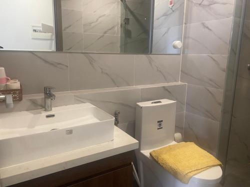 a bathroom with a sink and a toilet and a mirror at The Vincent Apartment in Phnom Penh