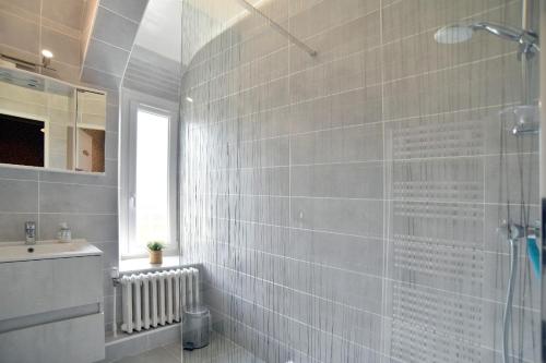 une salle de bain avec douche et lavabo dans l'établissement Larmoricaine, à Cancale