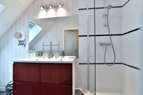 une salle de bain avec une douche, un lavabo et un miroir dans l'établissement Breizh emeraude, à Saint-Malo