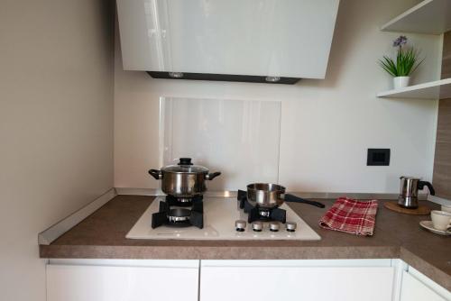 a kitchen with two pots on a stove at Agriturismo Il Giardino Degli Ulivi in Lazise