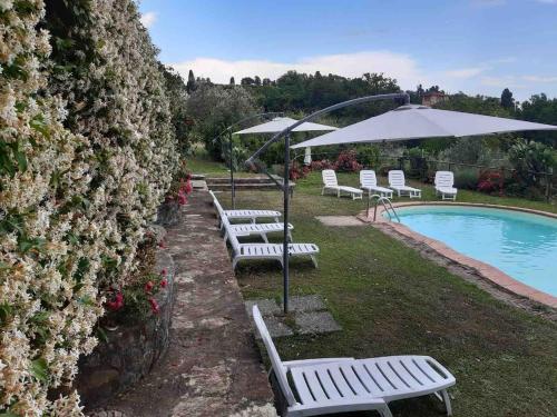 a row of white lounge chairs next to a swimming pool at Terraced house with pool and beautiful view in Capostrada
