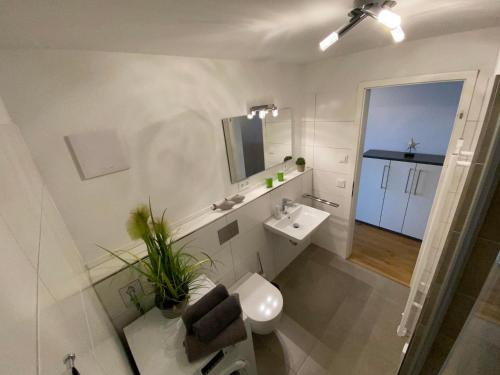 Un baño blanco con lavabo e inodoro. en Reeders Nest by Seeblick Ferien, en Olpenitz