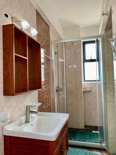 ナイロビにあるSerene Luxe Homesの洗面台とシャワー付きのバスルーム