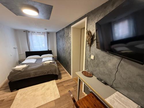 a bedroom with a bed and a flat screen tv at Haus zum guten Hirten in Steinsfeld