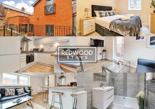 a collage of photos of a bedroom and a kitchen and a residence at Festival Serviced Apartment, Perfect of Contractors & Families FREE Wifi & Netflix By REDWOOD STAYS in Basingstoke