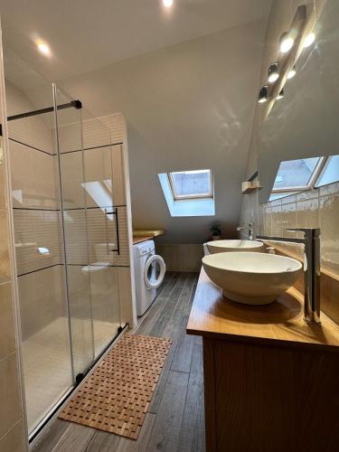 une salle de bain avec deux lavabos et une douche en verre dans l'établissement Le Soleil-Levant centre-ville, à Chalon-sur-Saône