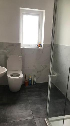 a bathroom with a toilet and a window and a shower at Sea views in Dugort in Achill Island
