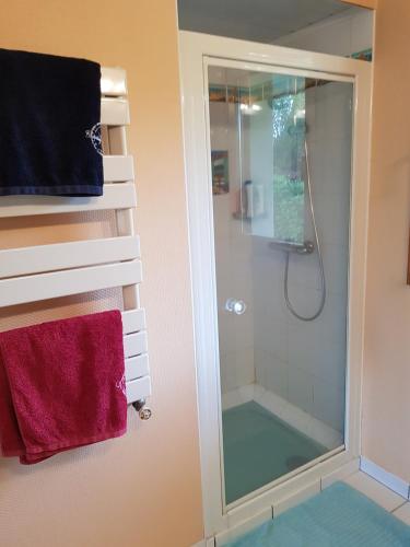 une salle de bain avec une douche avec une porte vitrée dans l'établissement Villa lumineuse 120m2, proche mer, Guidel, à Guidel