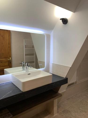 une salle de bain avec un lavabo et un grand miroir dans l'établissement Grande maison avec piscine sous les falaises de La Roque Gageac, à Vézac