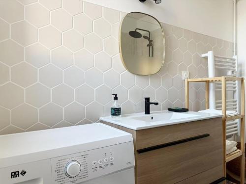 une salle de bain avec un lavabo et un miroir dans l'établissement Appartement F2 coeur de Vichy bellle vue, à Vichy