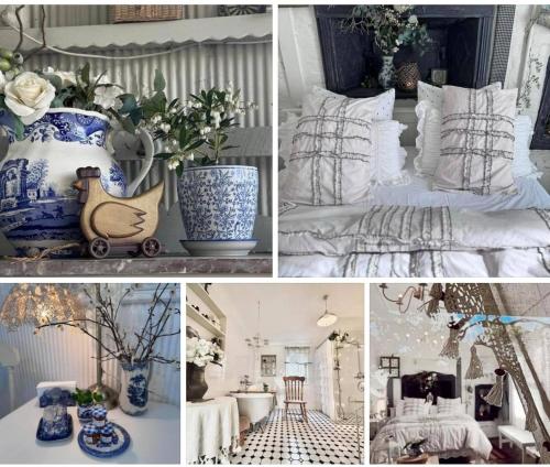 a collage of photos of a bedroom with blue and white vases at The Old Bakery in Historic Kangaroo Valley Village in Kangaroo Valley
