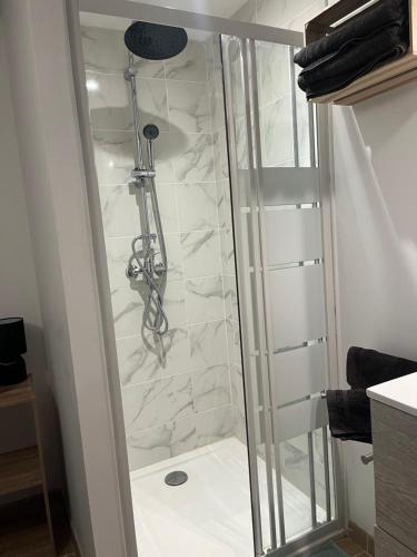 une douche avec une porte vitrée dans une salle de bain dans l'établissement le Cocon des Vignes, cosy, climatisé, wifi, parking privé, à Tain-lʼHermitage