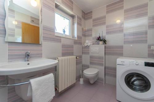a bathroom with a sink and a washing machine at Nature View Spacious Five Bedroom Villa, Pool in Zadvarje