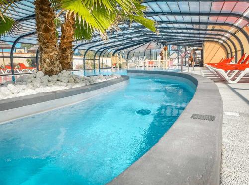 - une piscine avec un palmier dans un bâtiment dans l'établissement Camping - Parc aquatique - ccaghdi, à Saint-Jean-de-Monts