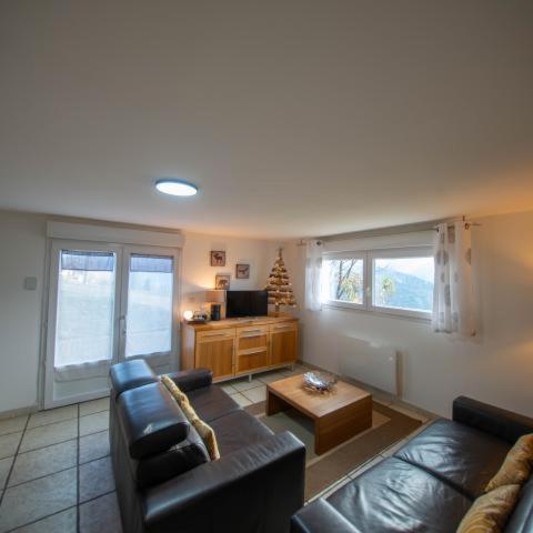 un salon avec un canapé et une table dans l'établissement Le Lipa - gite cosy avec vue imprenable, à La Bresse