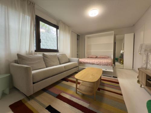 a living room with a couch and a bed at Studio équipé, idéal CERN in Saint-Genis-Pouilly