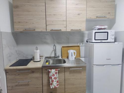 a small kitchen with a sink and a microwave at Ticina apartment in Sarajevo
