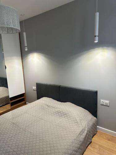 a bedroom with a bed and a mirror at Apartamenty Na Krasnym in Supraśl