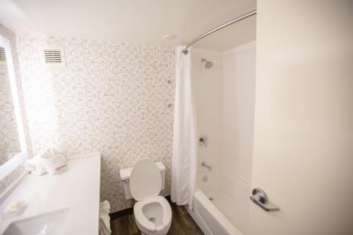 a white bathroom with a toilet and a shower at Holiday Inn Orlando International Airport by IHG in Orlando