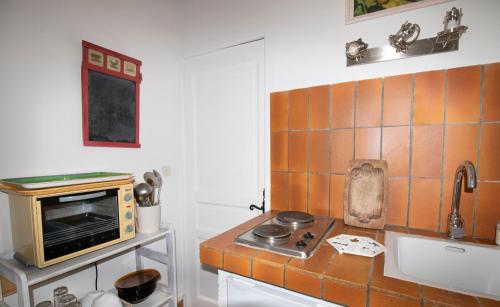 une cuisine avec une cuisinière et un micro-ondes dans l'établissement Studio pieds dans l'eau, à Grosseto-Prugna