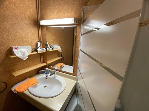 ein Badezimmer mit Waschbecken und Spiegel in der Unterkunft Appartement face aux montagnes - Belle étoile in Eyne