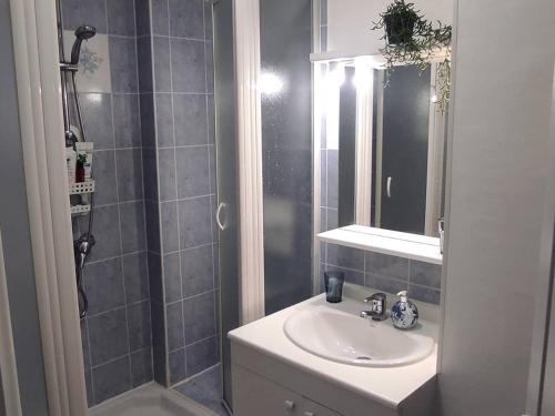 une salle de bain avec un lavabo et une douche dans l'établissement Appartement confort 2P/4C, Centre Cauterets, près télécabine, parking à proximité - FR-1-234-333, à Cauterets