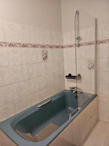 a bath tub with a faucet in a bathroom at Appartement chez la fleuriste in Chaudes-Aigues