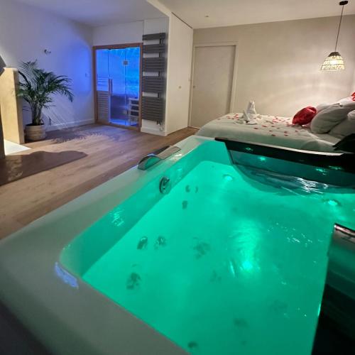 - une piscine dans une chambre avec un lit dans l'établissement L Anaya Nantes Spa et Sauna, à Rezé