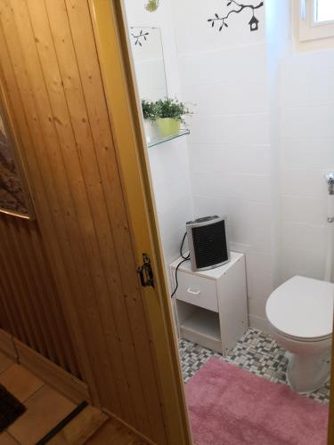 a bathroom with a toilet and a door at Haus Chalet Beverin in Cazis