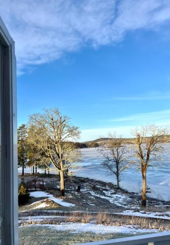 a view from a window of a lake with trees at Trollebo Säteri in Vetlanda